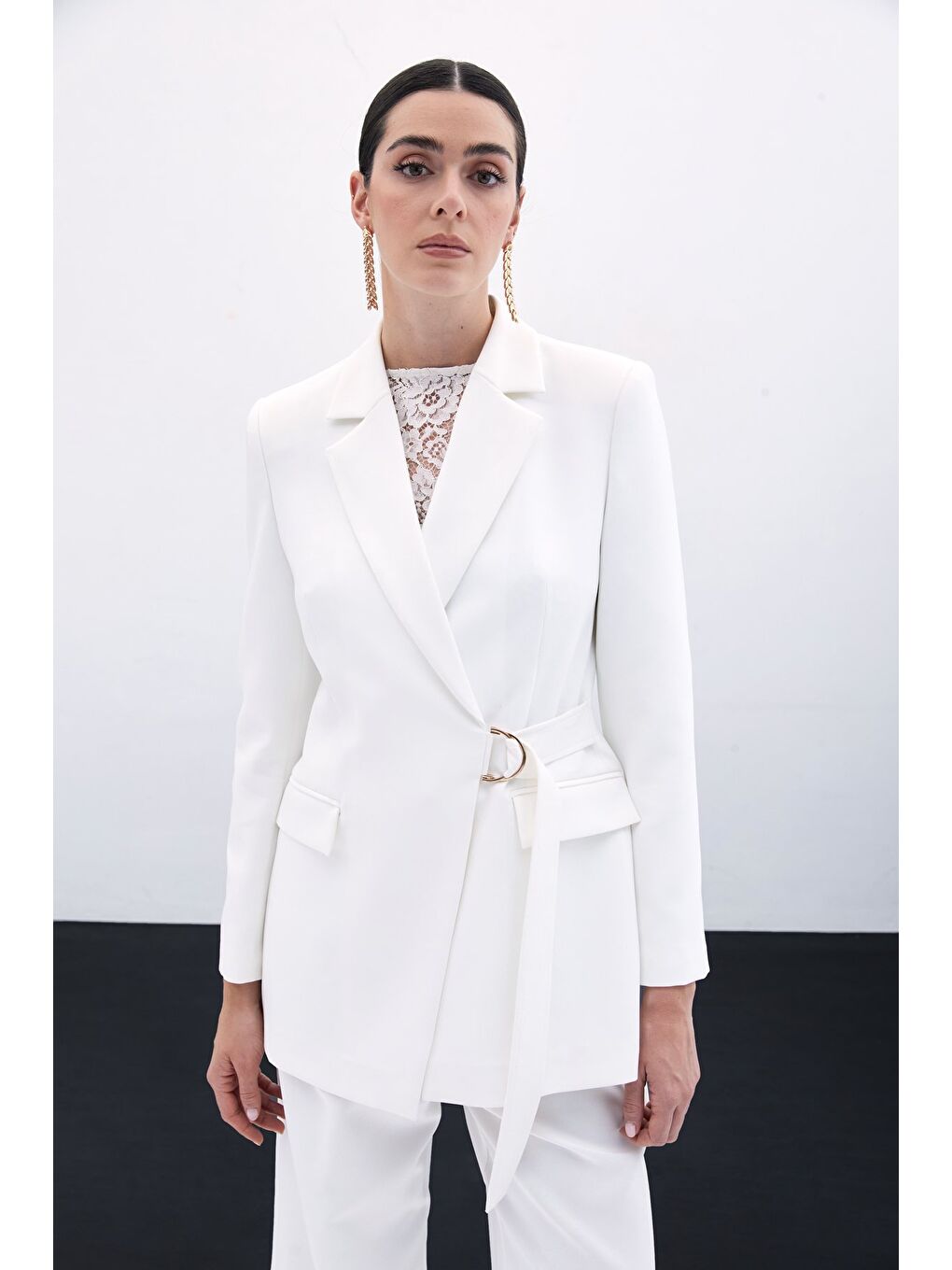 Kruvaze Yakalı Uzun Ceket - Ekru-2