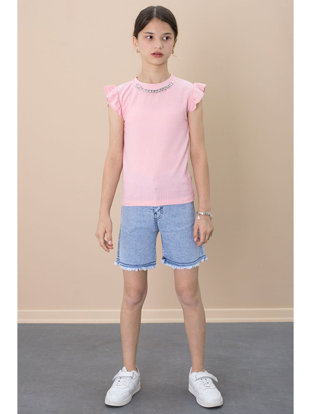 Pembe Payetli Jean Şortlu Somon Kolye Detaylı Badili Kız Çocuk 2li Takım 21111