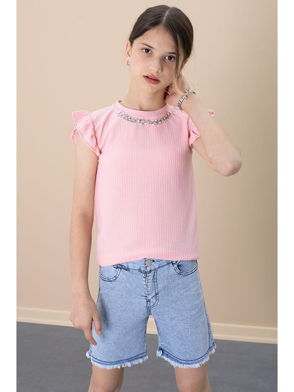 Pembe Payetli Jean Şortlu Somon Kolye Detaylı Badili Kız Çocuk 2li Takım 21111-1