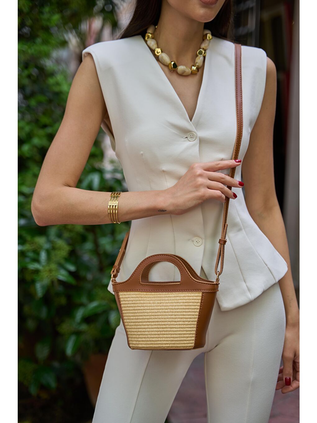 Kahverengi Mini Hasır Detaylı Çapraz Çanta Taba Hasır-2