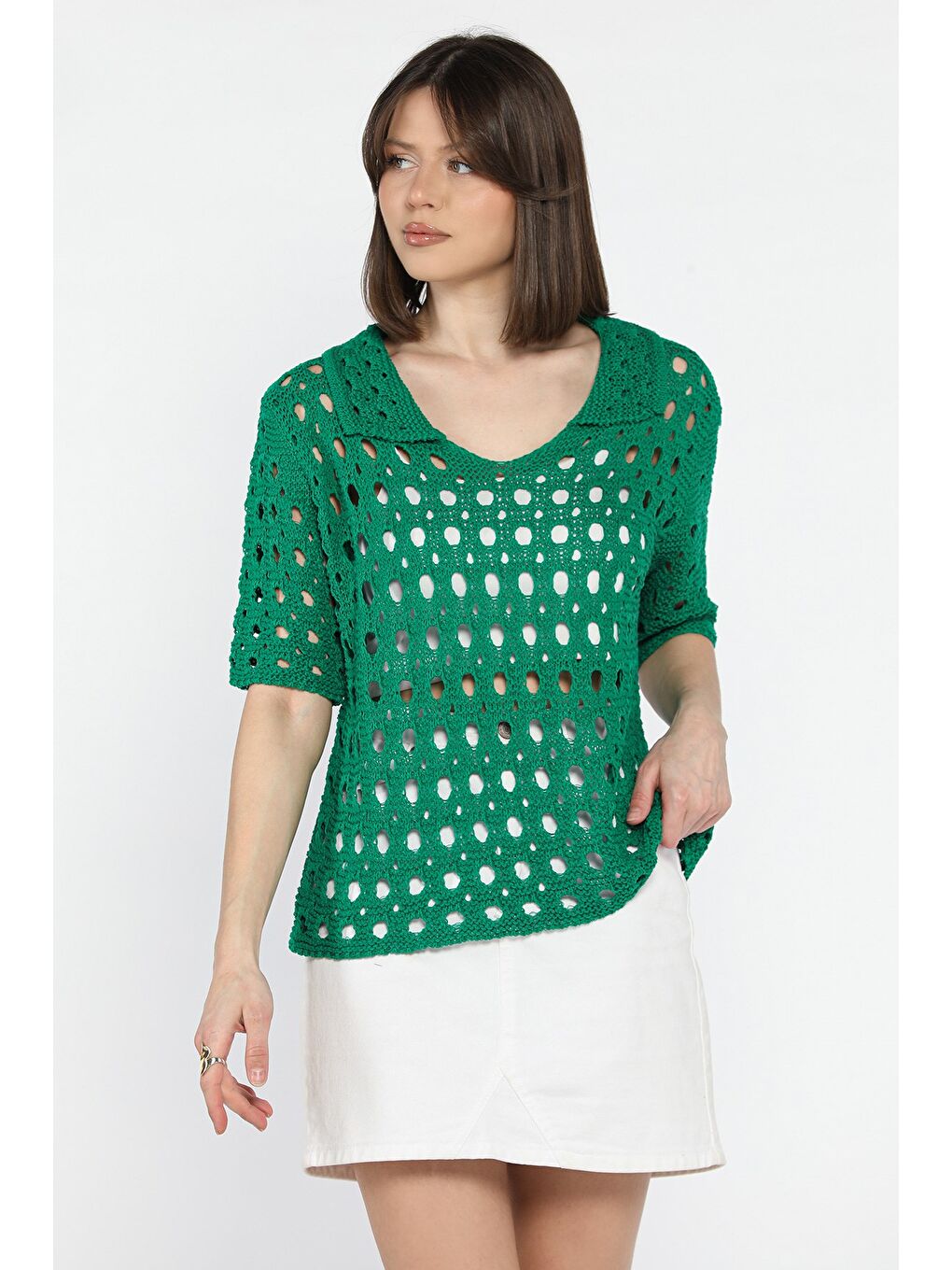 Yeşil Kadın Polo Yaka Ajurlu Mevsimlik Triko Bluz-1