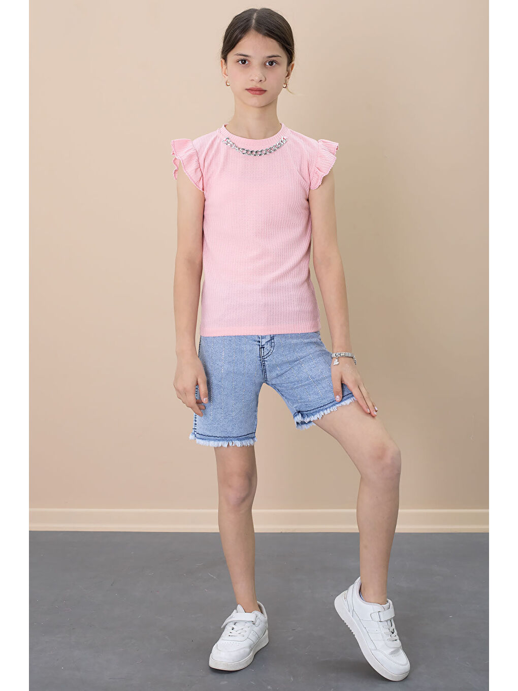 Pembe Payetli Jean Şortlu Somon Kolye Detaylı Badili Kız Çocuk 2li Takım 21111-2