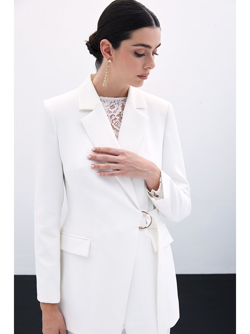 Kruvaze Yakalı Uzun Ceket - Ekru-3