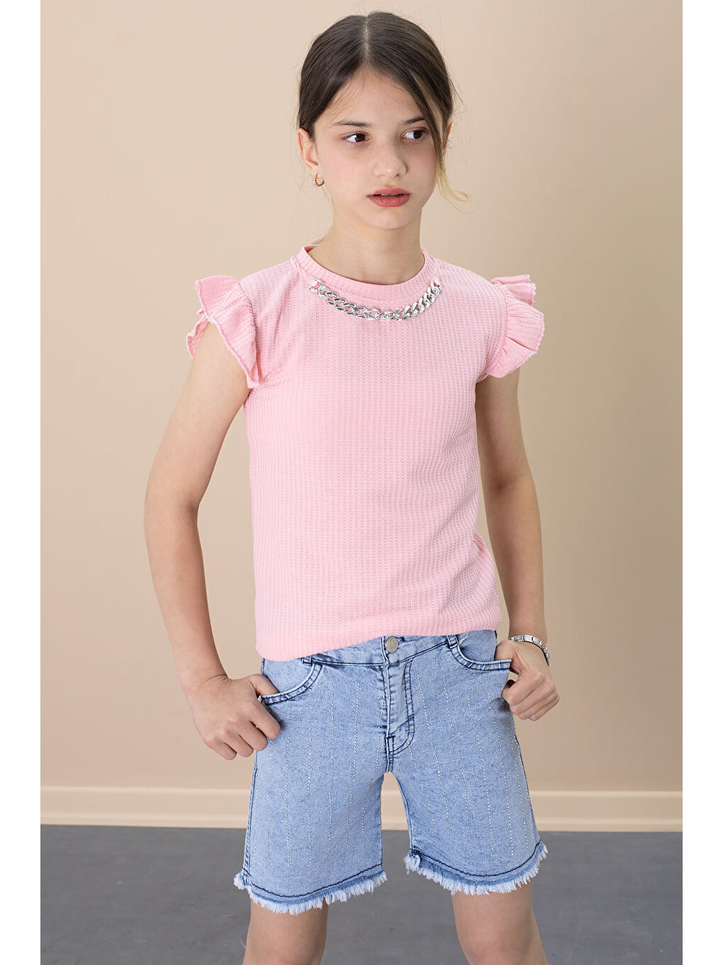 Pembe Payetli Jean Şortlu Somon Kolye Detaylı Badili Kız Çocuk 2li Takım 21111-3