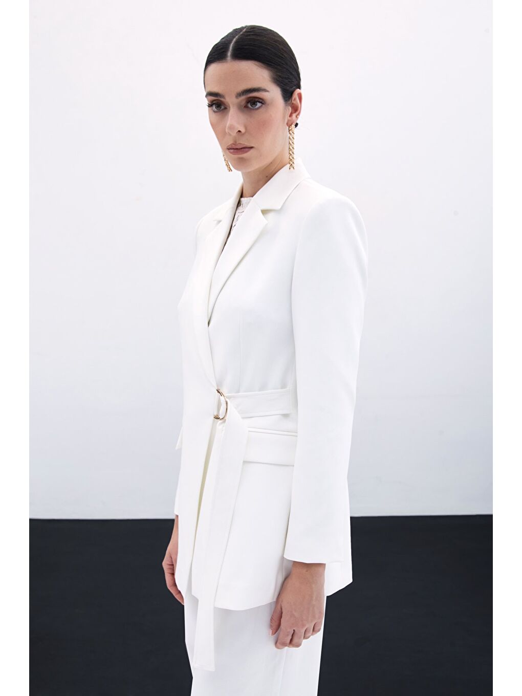 Kruvaze Yakalı Uzun Ceket - Ekru-4