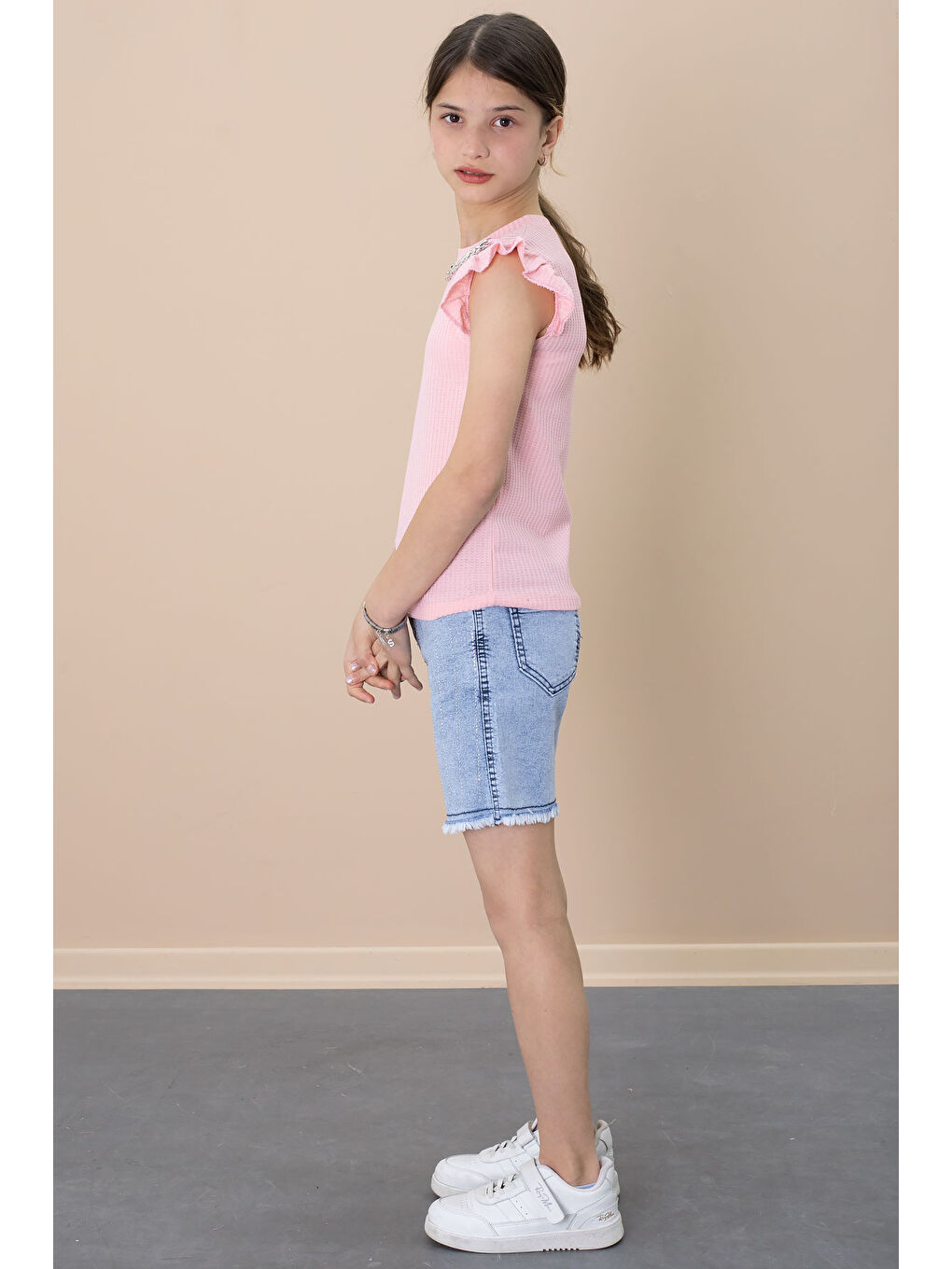 Pembe Payetli Jean Şortlu Somon Kolye Detaylı Badili Kız Çocuk 2li Takım 21111-4