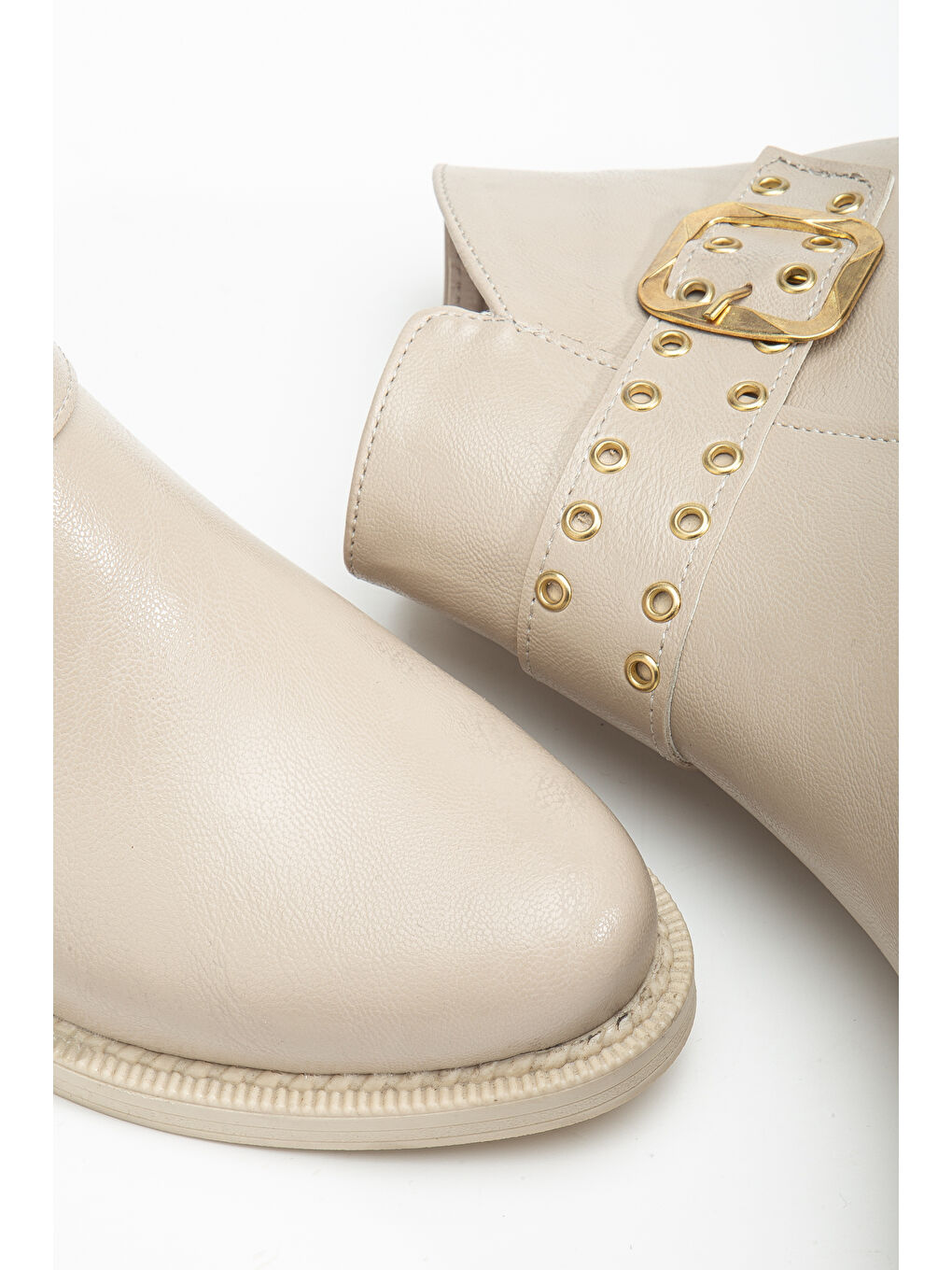 Kadın Bej Cilt Kalın Termo Taban Kemer Toka Detaylı Fermuarlı Bot-3