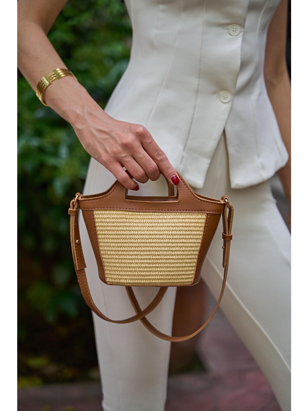 Kahverengi Mini Hasır Detaylı Çapraz Çanta Taba Hasır-3