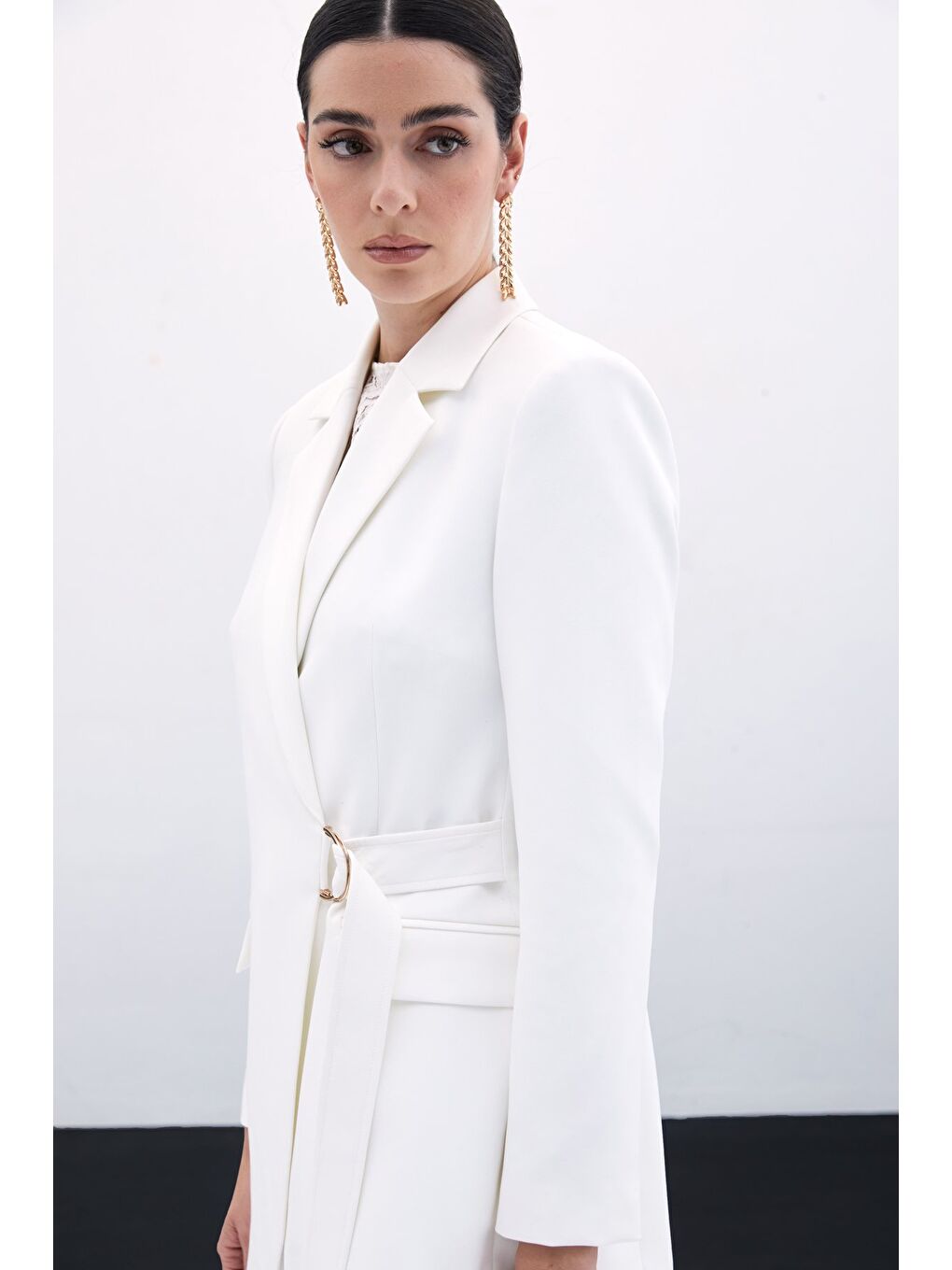 Kruvaze Yakalı Uzun Ceket - Ekru-5