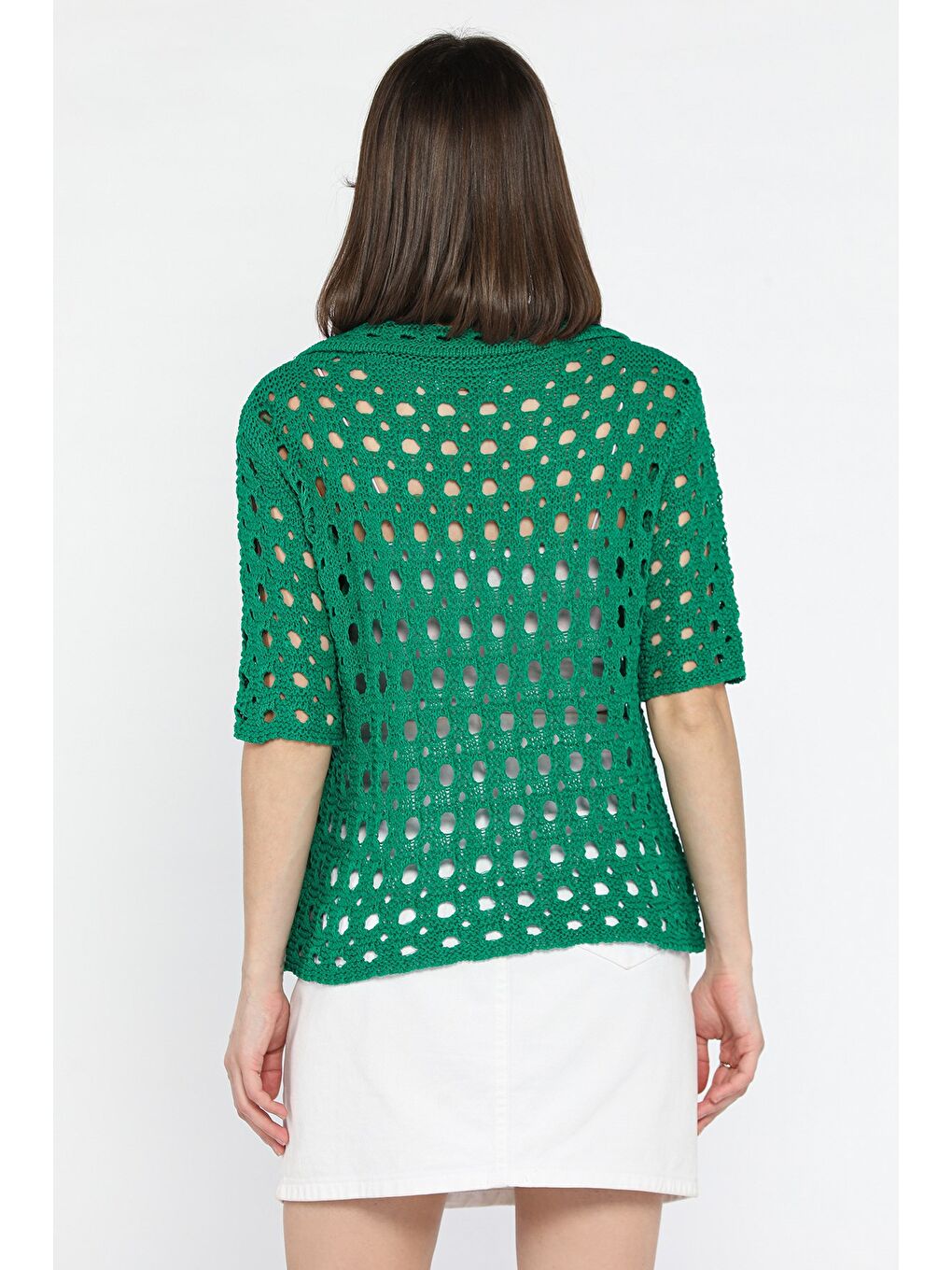 Yeşil Kadın Polo Yaka Ajurlu Mevsimlik Triko Bluz-2