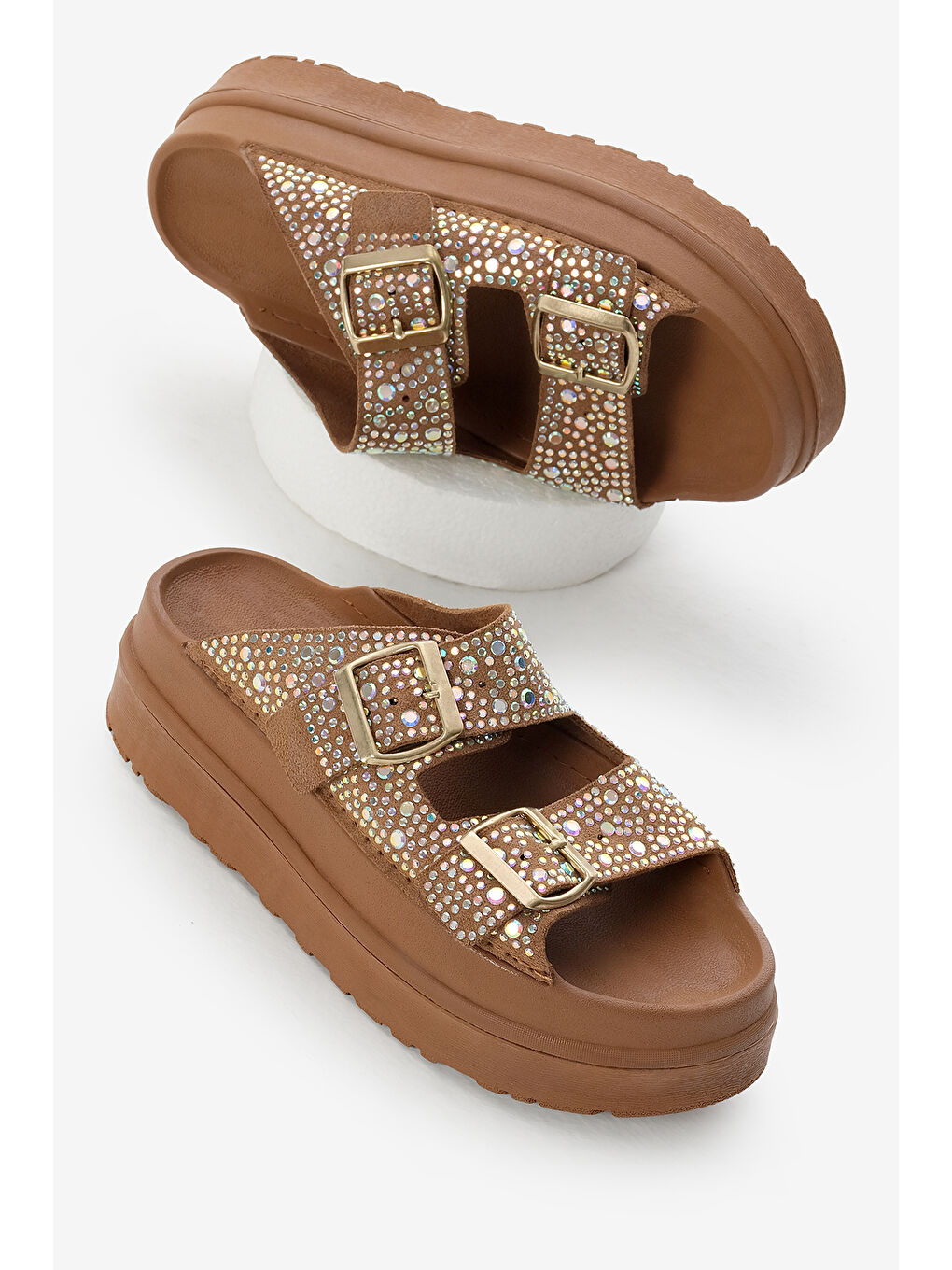 Kahverengi Kadın Taba Yüksek Poli Taban Taşlı Çift Bantlı Tokalı Terlik