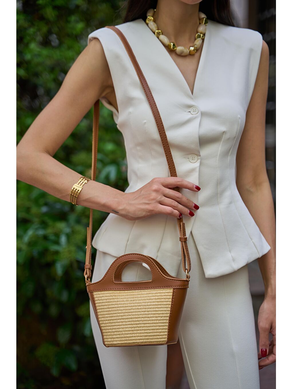 Kahverengi Mini Hasır Detaylı Çapraz Çanta Taba Hasır-4