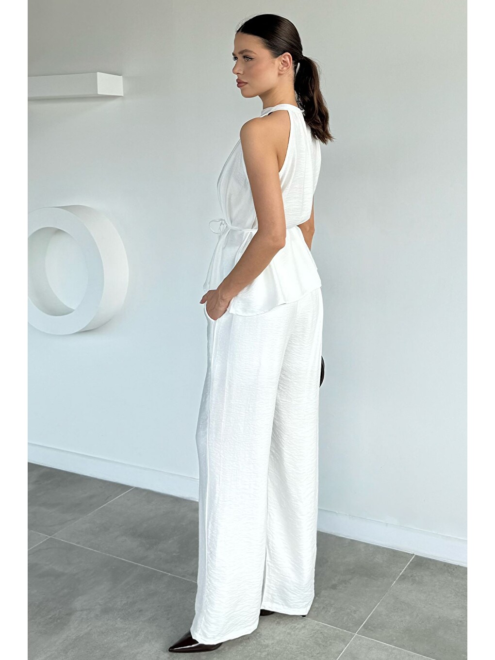 Ekru Kadın Halter Yaka Bluz Pantolon İkili Takım-3