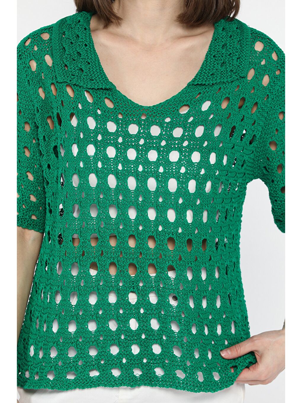 Yeşil Kadın Polo Yaka Ajurlu Mevsimlik Triko Bluz-3