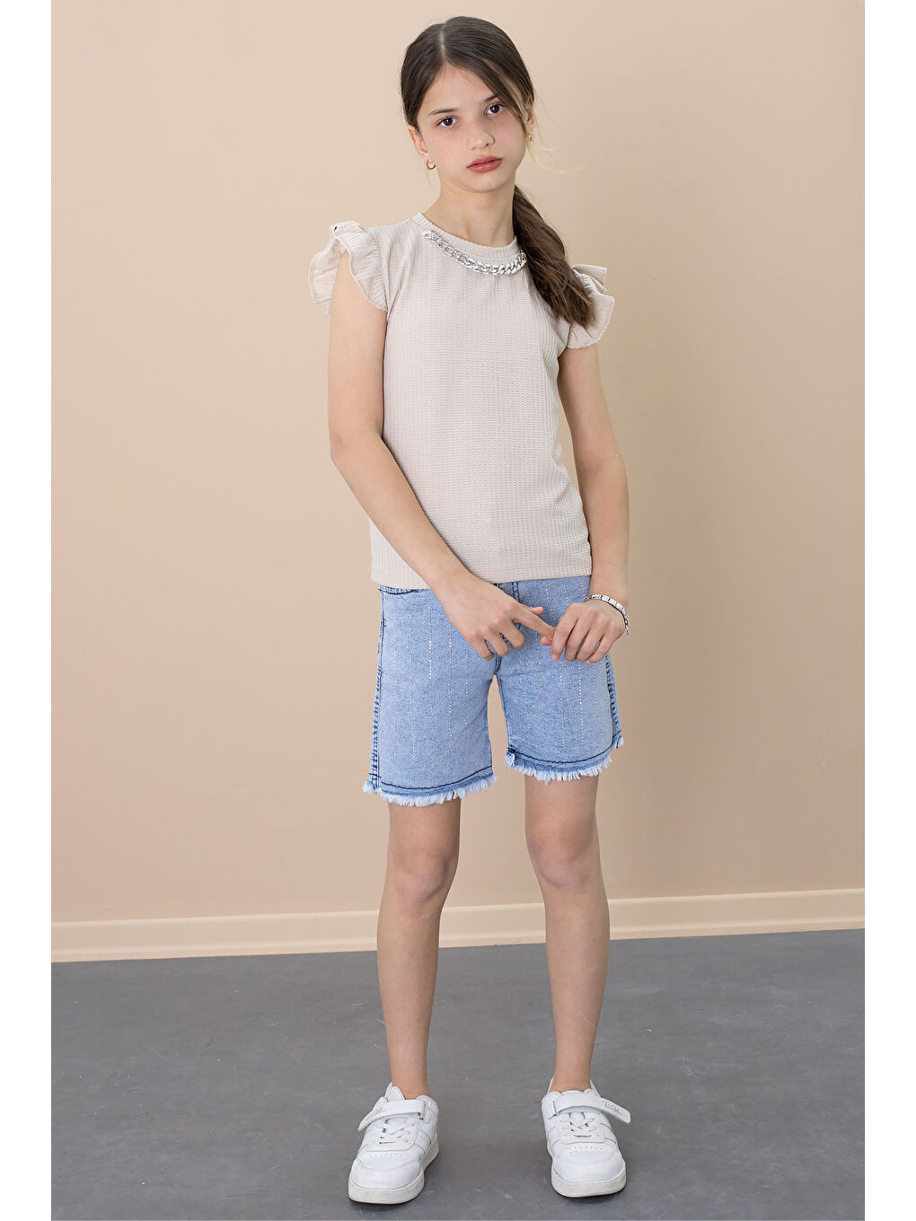 Payetli Jean Şortlu Bej Kolye Detaylı Badili Kız Çocuk 2li Takım 21109