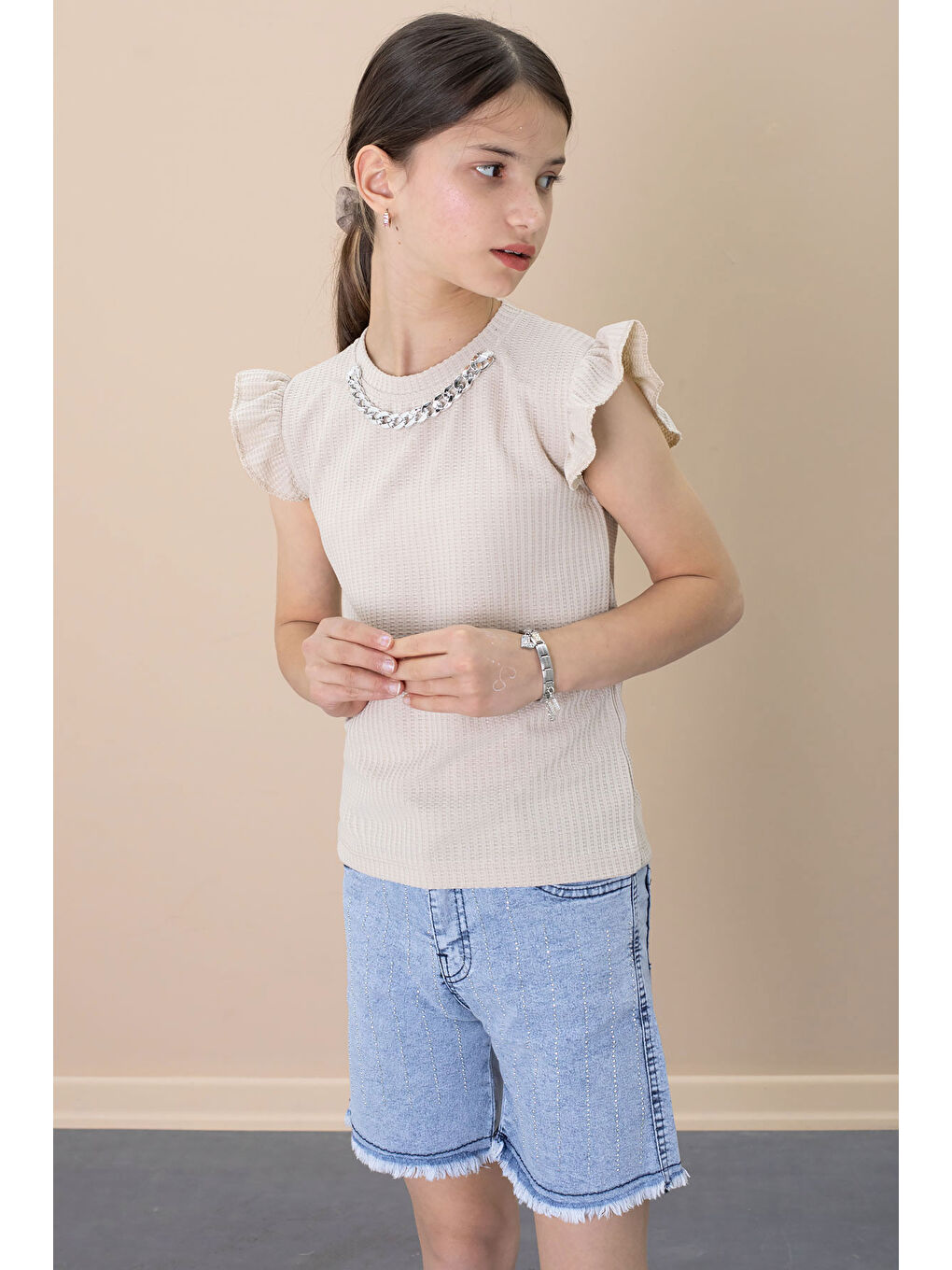 Payetli Jean Şortlu Bej Kolye Detaylı Badili Kız Çocuk 2li Takım 21109-1