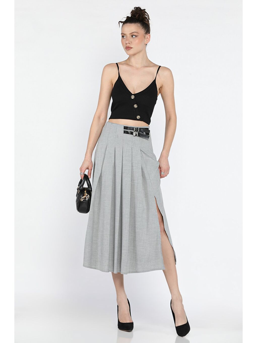 Gri Kadın Bel Kemer Tokalı Pileli Yırtmaç Detaylı Etek