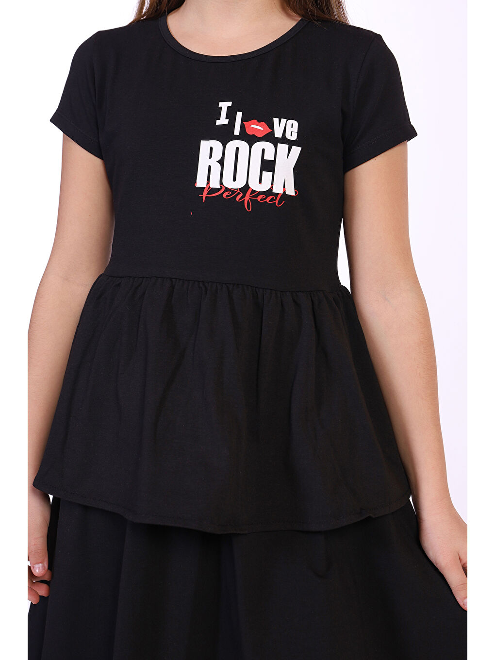 Toontoykids Siyah Kız Çocuk I Love Rock Baskılı Elbise - 1