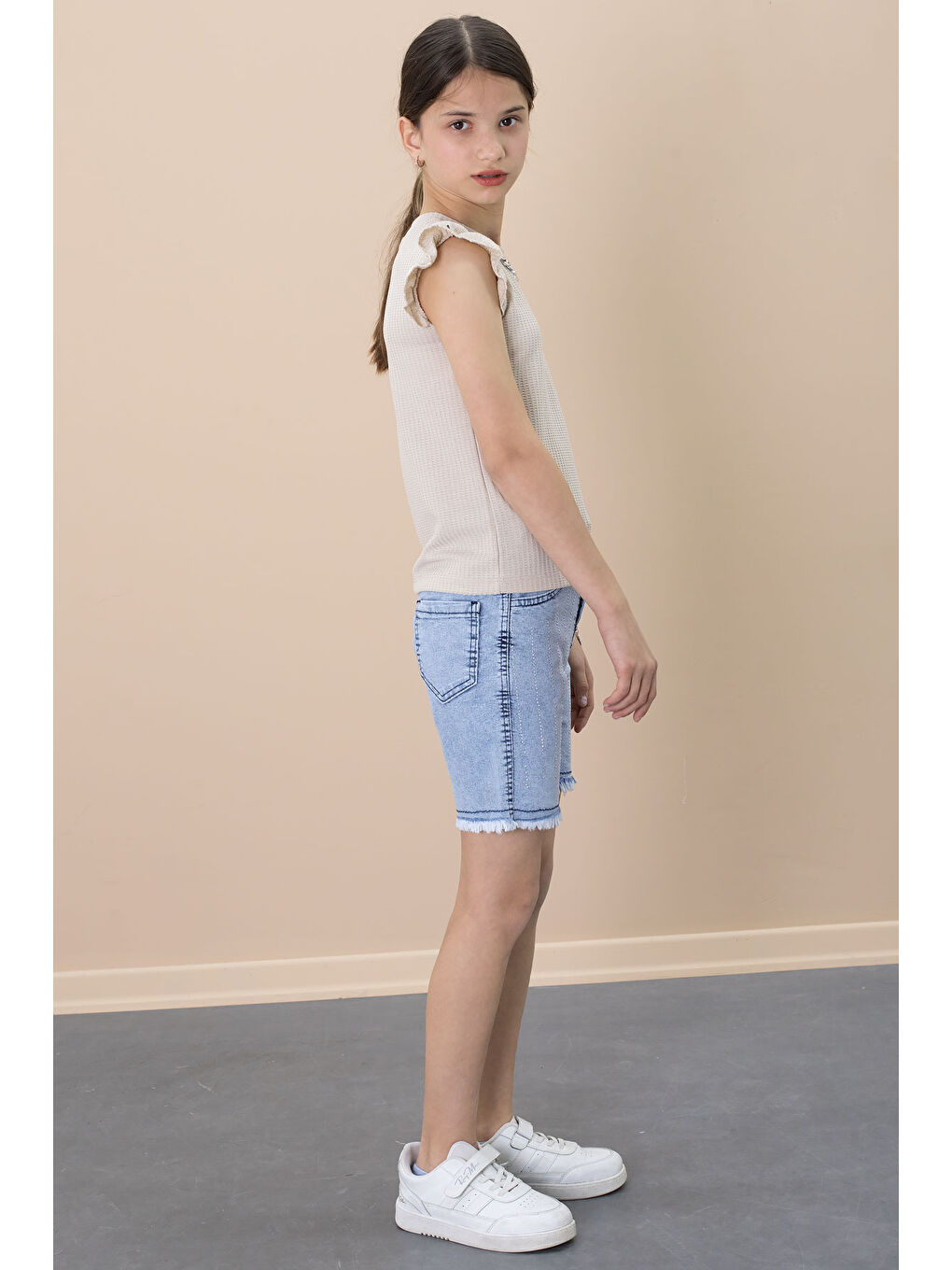 Payetli Jean Şortlu Bej Kolye Detaylı Badili Kız Çocuk 2li Takım 21109-2