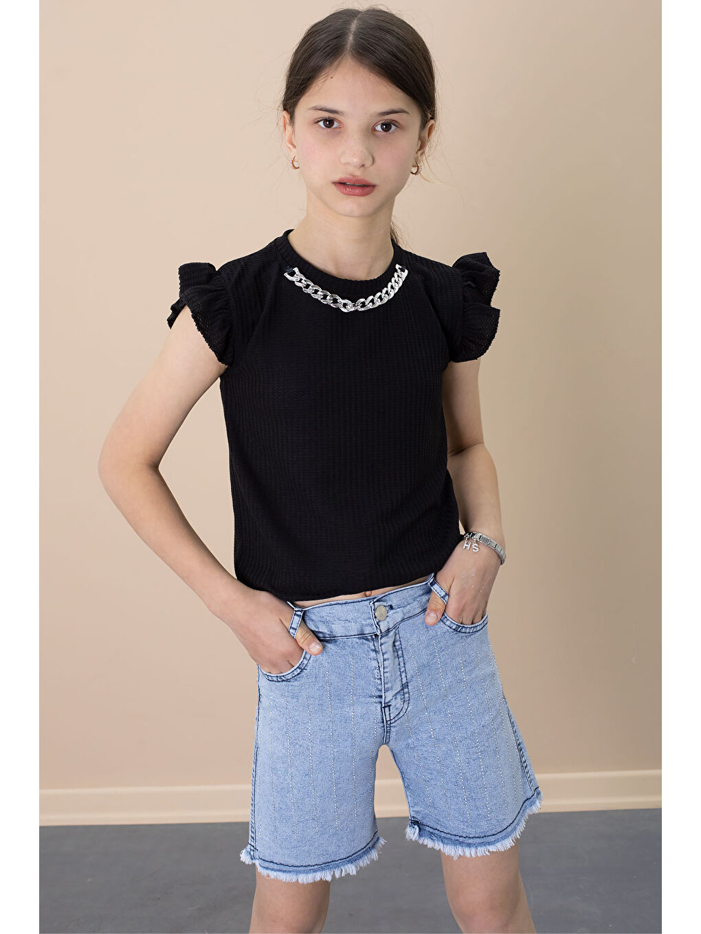 Payetli Jean Şortlu Siyah Kolye Detaylı Badili Kız Çocuk 2li Takım 21110-1