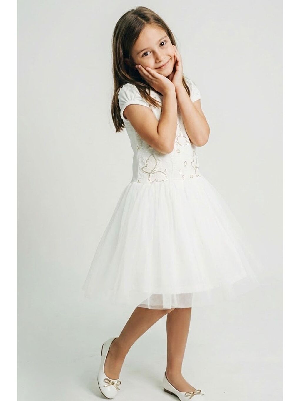 Kız Çocuk Elbise Pullu Kelebek İşlemeli Tülü Çiçek Detaylı Ekru (6-12 Yaş)-1
