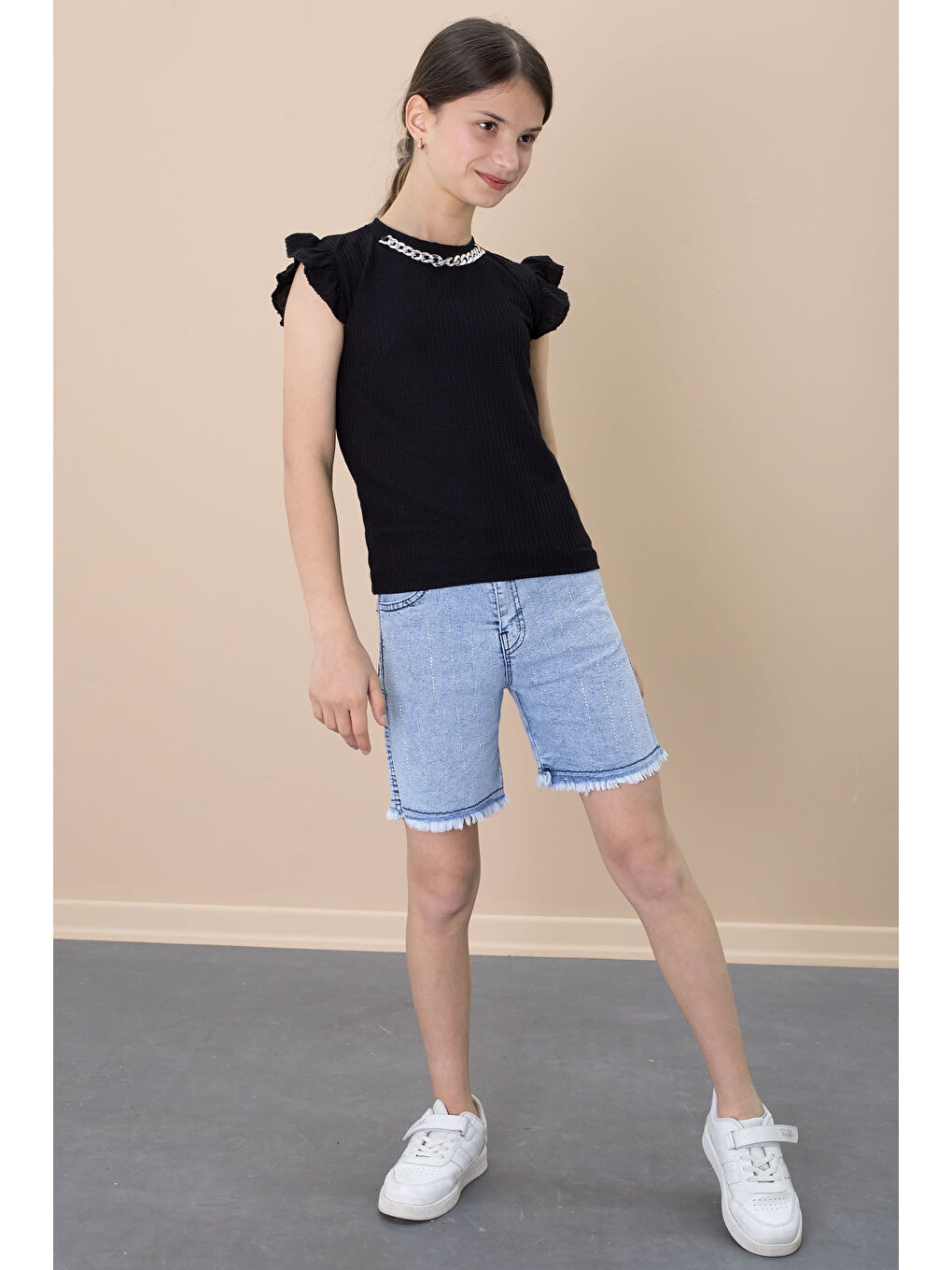 Payetli Jean Şortlu Siyah Kolye Detaylı Badili Kız Çocuk 2li Takım 21110-2
