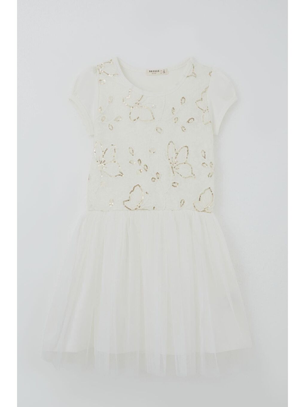 Kız Çocuk Elbise Pullu Kelebek İşlemeli Tülü Çiçek Detaylı Ekru (6-12 Yaş)-2