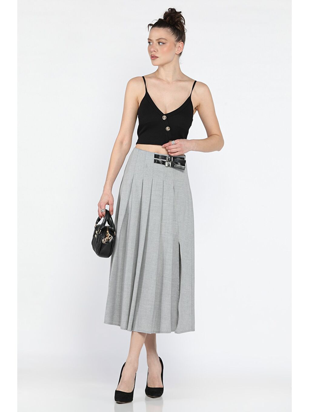 Gri Kadın Bel Kemer Tokalı Pileli Yırtmaç Detaylı Etek-1