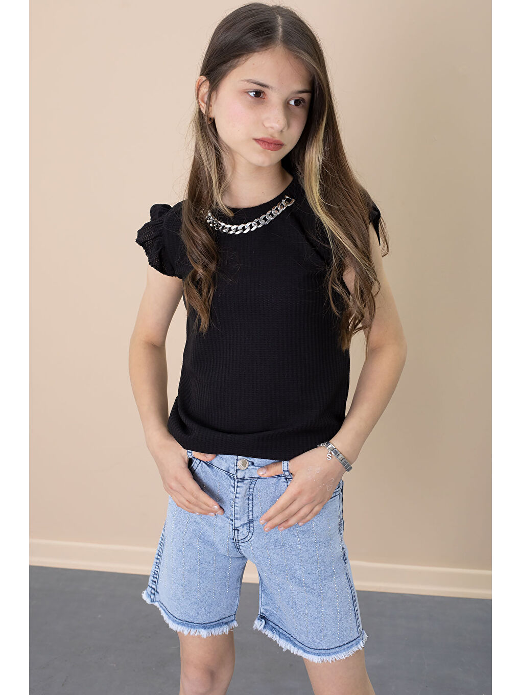 Payetli Jean Şortlu Siyah Kolye Detaylı Badili Kız Çocuk 2li Takım 21110-3
