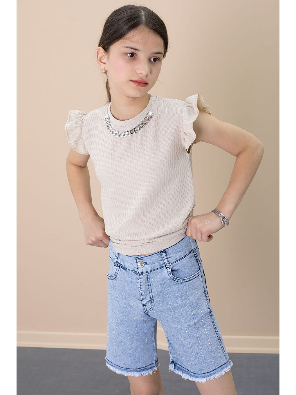 Payetli Jean Şortlu Bej Kolye Detaylı Badili Kız Çocuk 2li Takım 21109-3