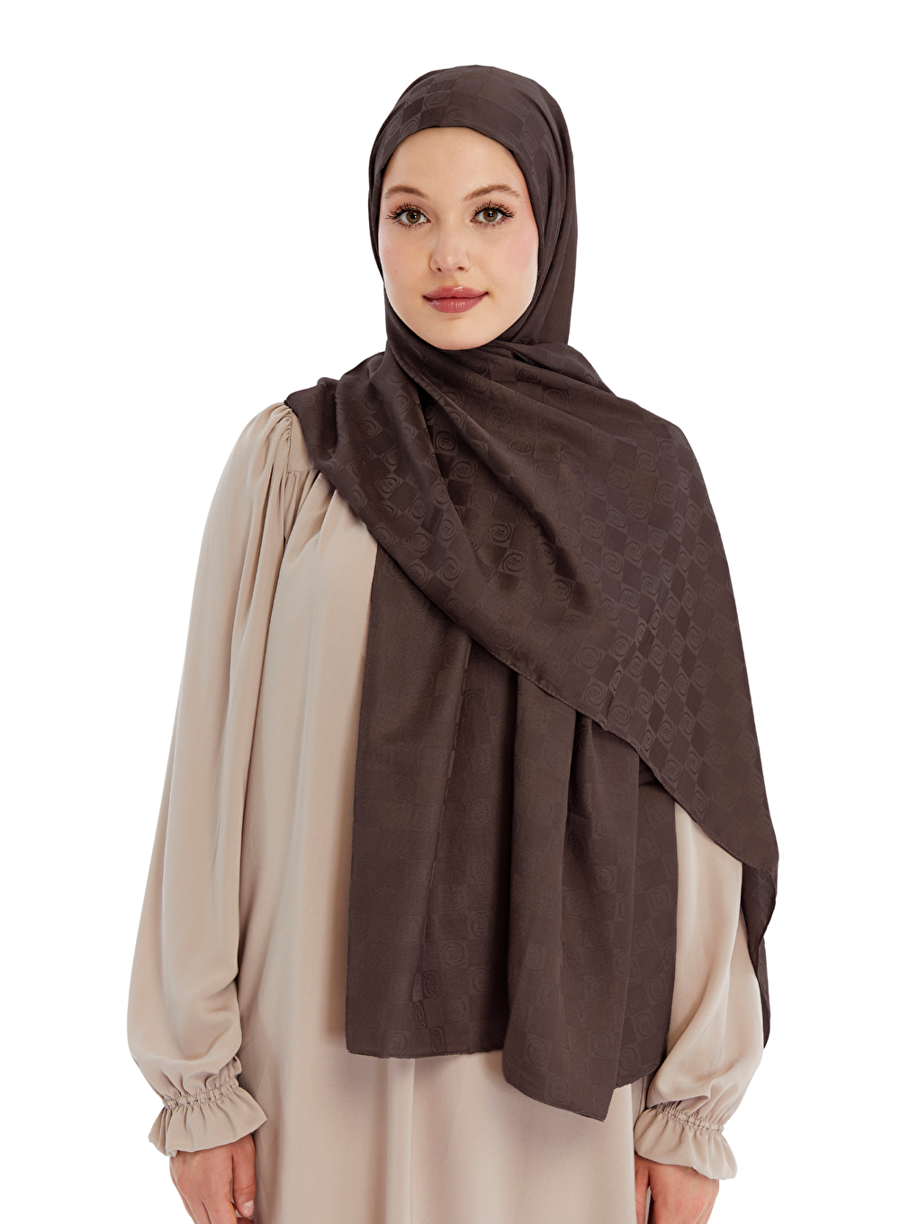 Kahverengi Monogram Dama Desen Şal-4