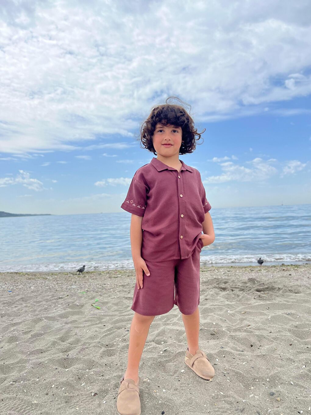 Kolları Nakışlı Gömlek Şort Keten Takım 2-7 Yaş Mürdüm