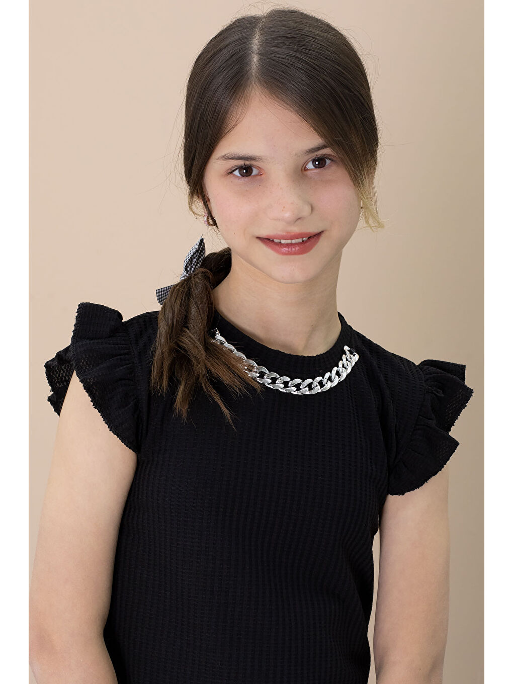 Payetli Jean Şortlu Siyah Kolye Detaylı Badili Kız Çocuk 2li Takım 21110-4