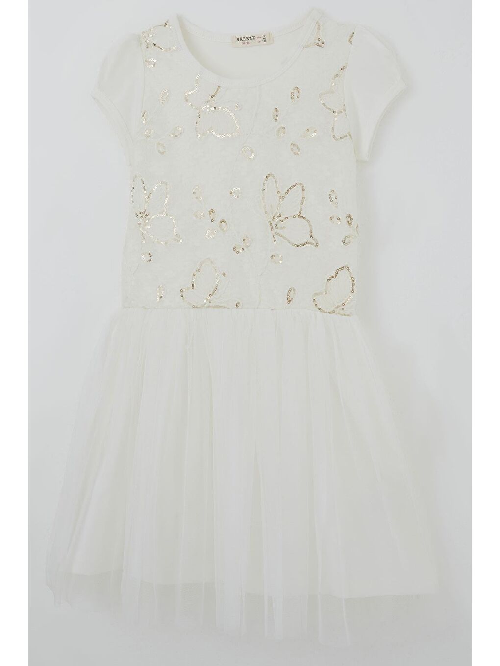 Kız Çocuk Elbise Pullu Kelebek İşlemeli Tülü Çiçek Detaylı Ekru (6-12 Yaş)-4