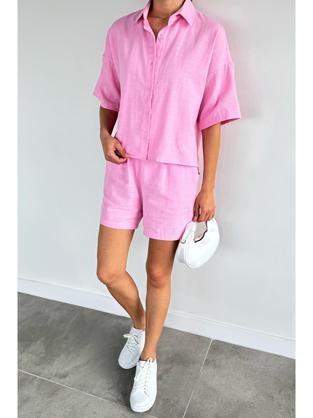 Pembe Kadın Keten Gömlek Şort İkili Takım-1