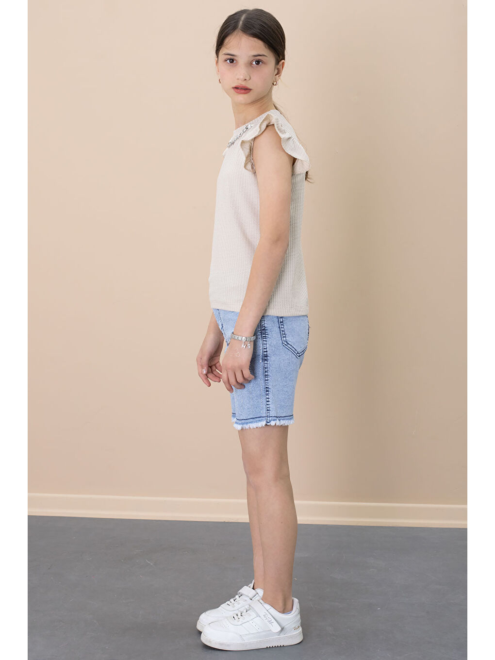 Payetli Jean Şortlu Bej Kolye Detaylı Badili Kız Çocuk 2li Takım 21109-4