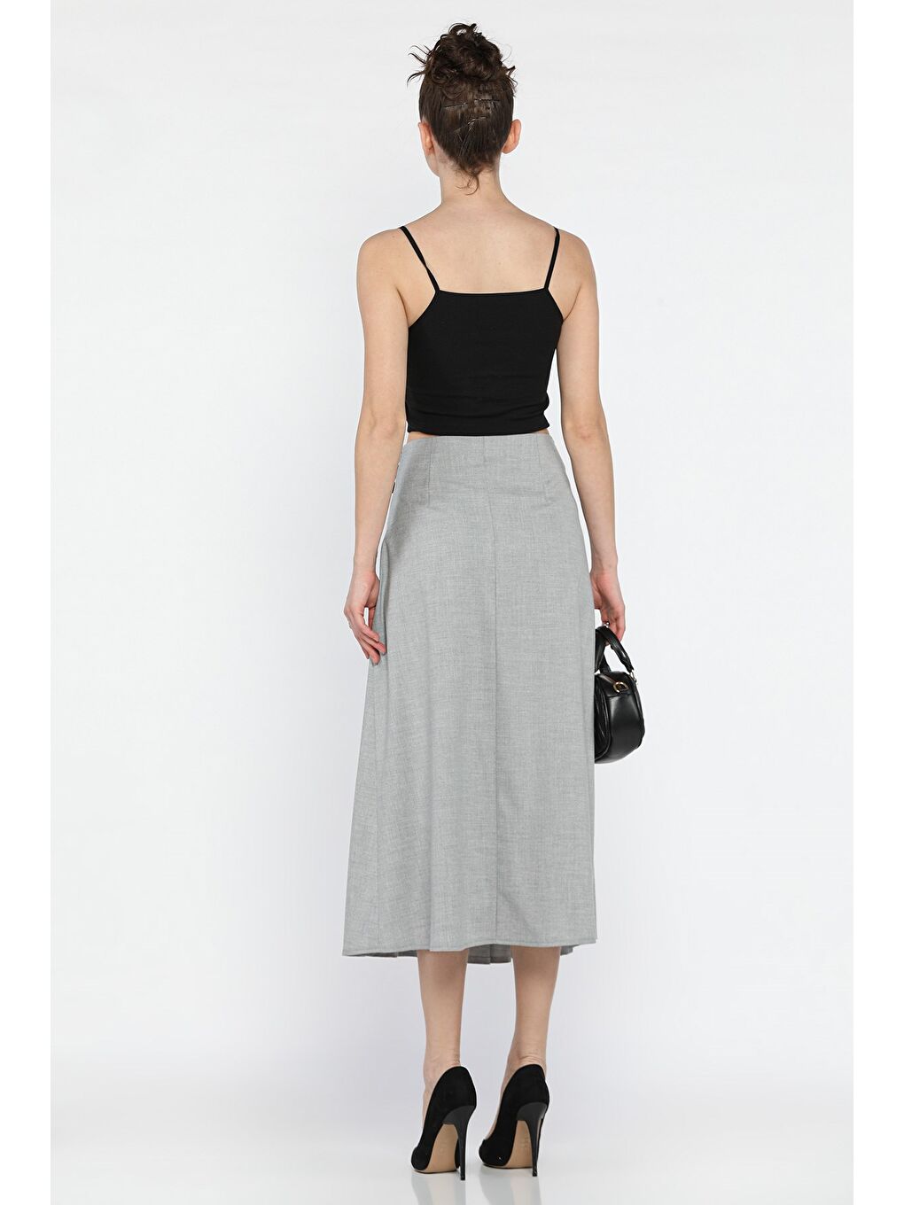 Gri Kadın Bel Kemer Tokalı Pileli Yırtmaç Detaylı Etek-2