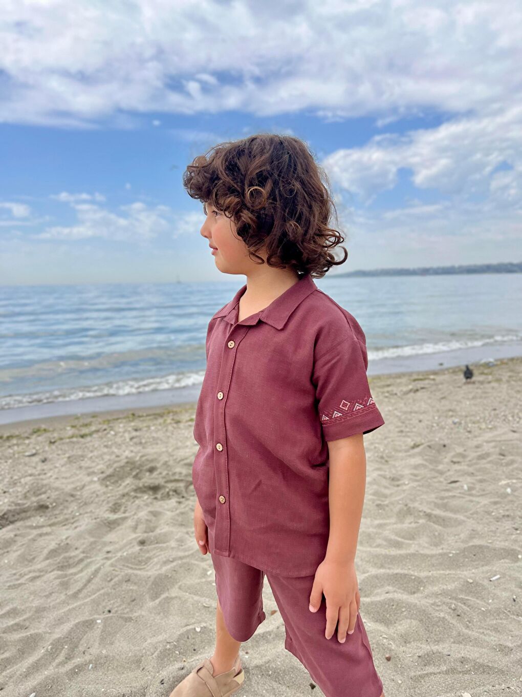 Kolları Nakışlı Gömlek Şort Keten Takım 2-7 Yaş Mürdüm-1