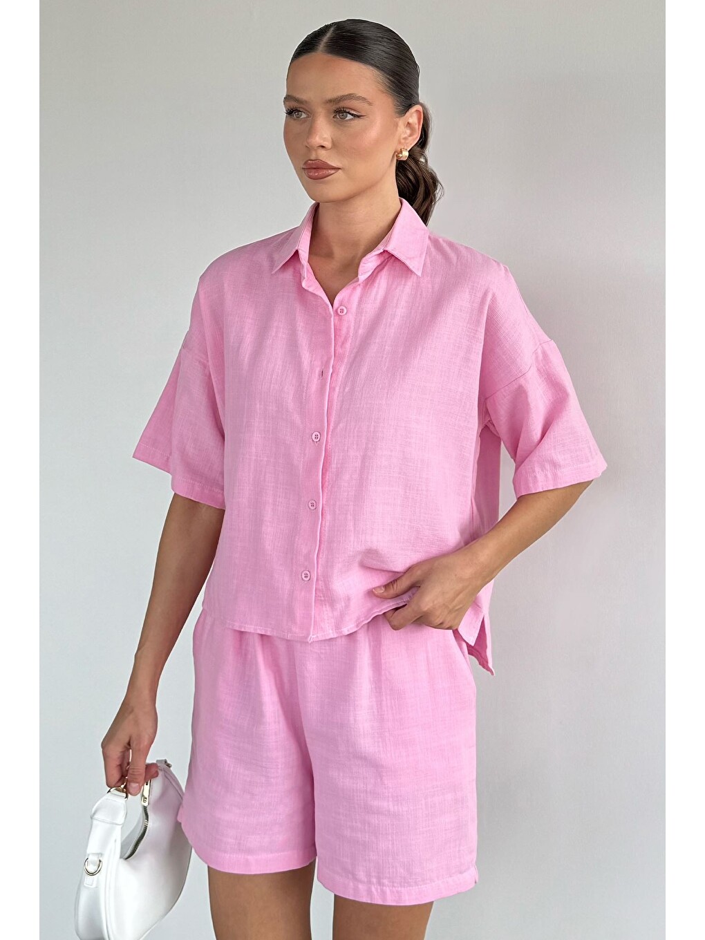 Pembe Kadın Keten Gömlek Şort İkili Takım-2