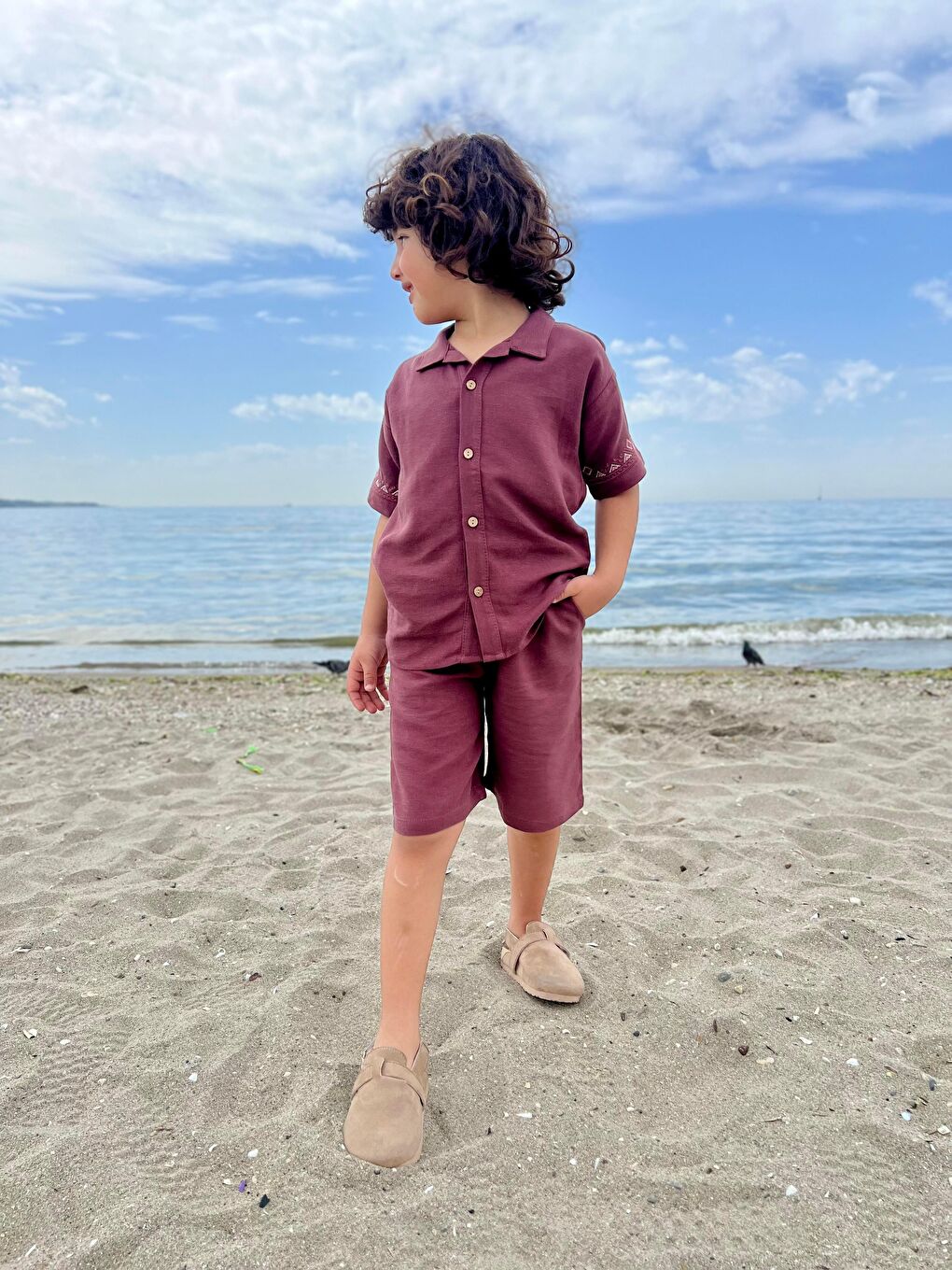 Kolları Nakışlı Gömlek Şort Keten Takım 2-7 Yaş Mürdüm-2