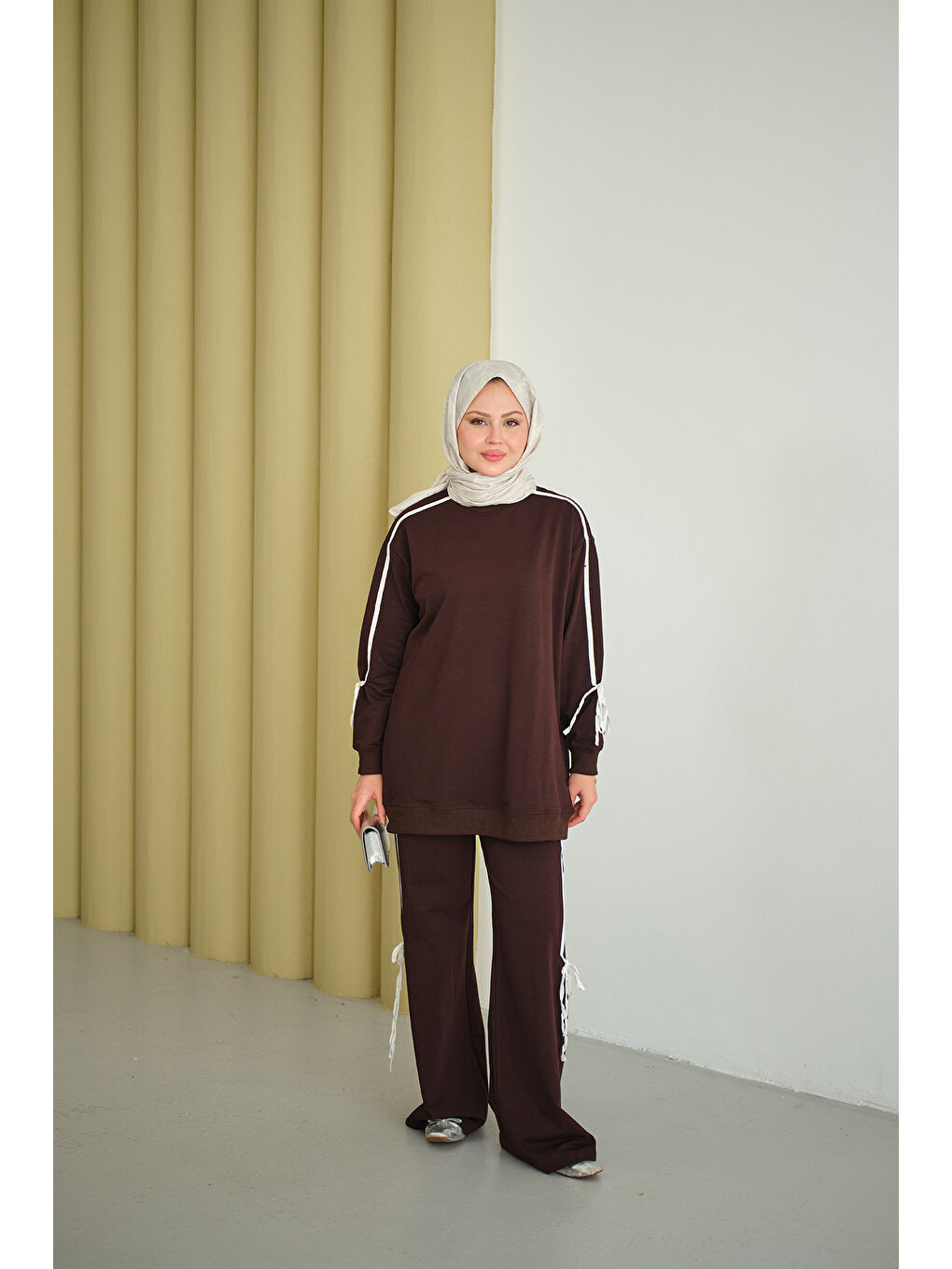 Kadın Kurdele Detay İkili Takım Kahverengi-4