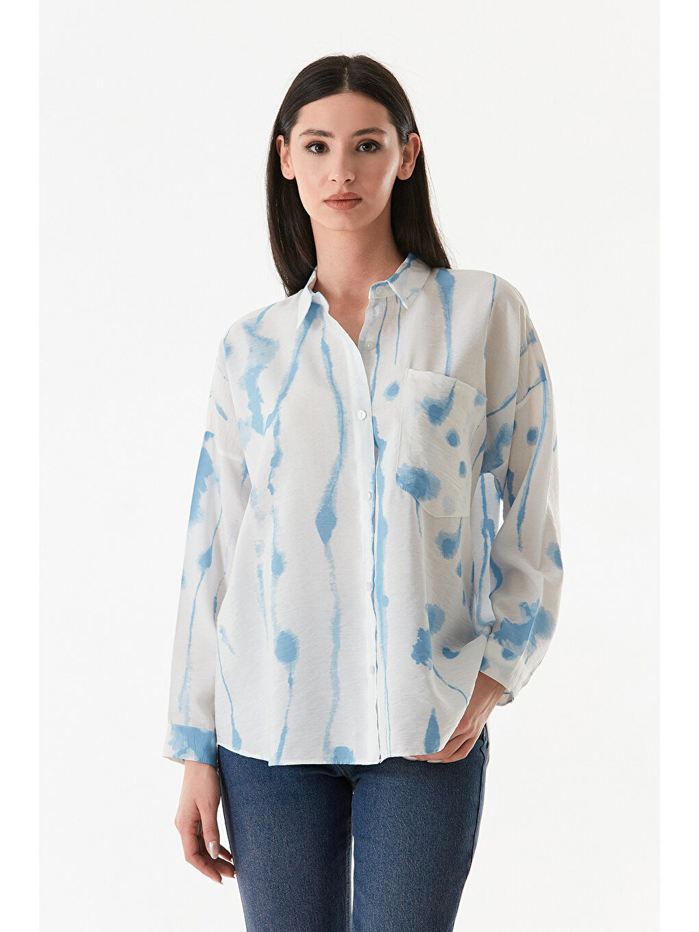 Mavi Batik Desenli Tek Cepli Oversize Gömlek-2