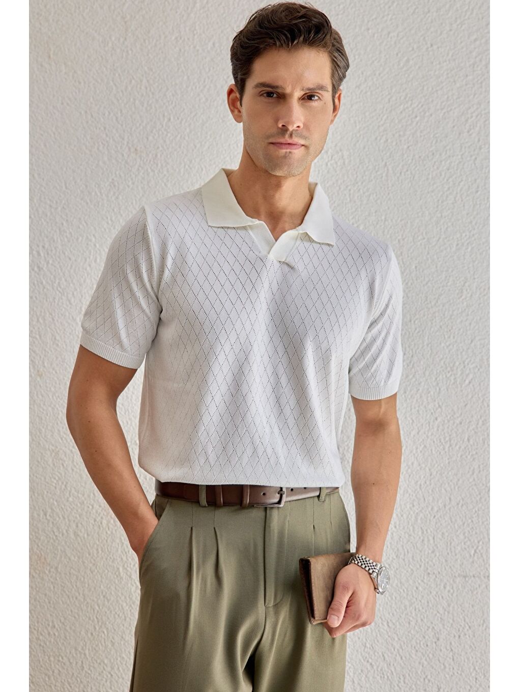 Beyaz Onor Erkek Kendinden Desenli Polo Yaka Triko Tişört Geniş Kalıp Hafif Doku