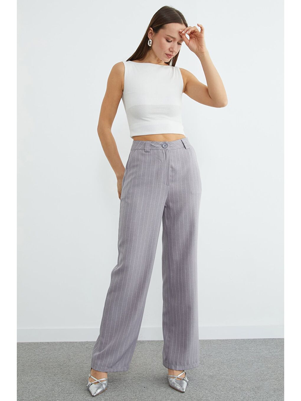 Gri Çizgili Yüksek Bel Palazzo Pantolon-2