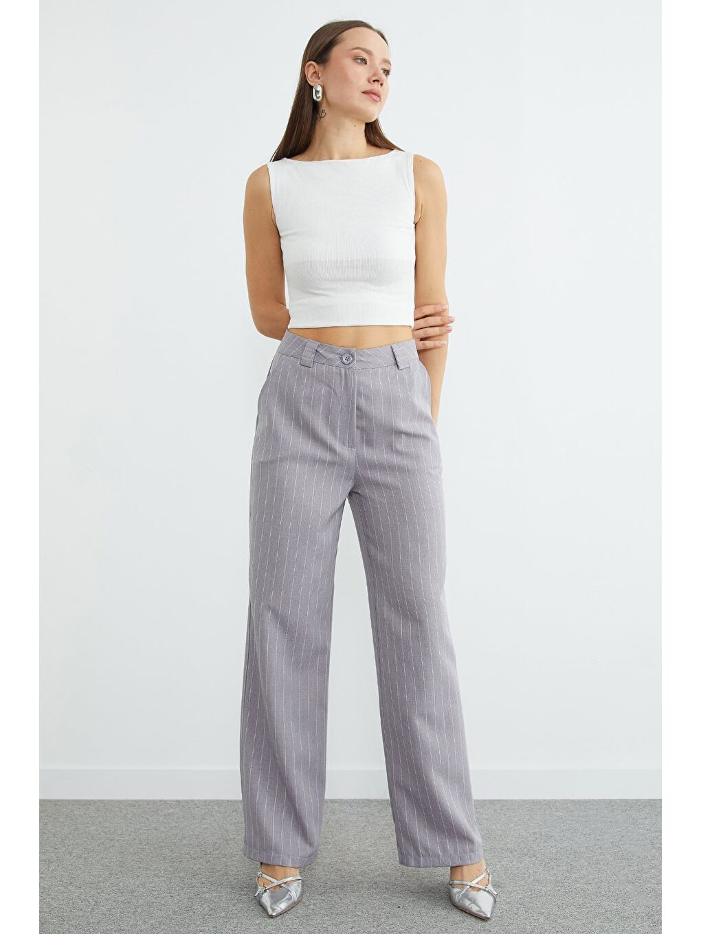 Gri Çizgili Yüksek Bel Palazzo Pantolon-4