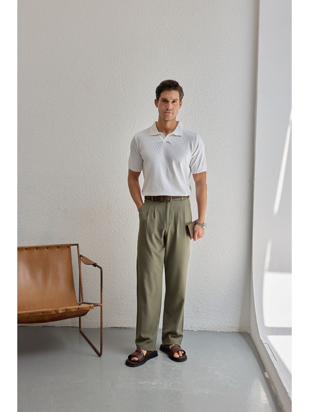 Beyaz Onor Erkek Kendinden Desenli Polo Yaka Triko Tişört Geniş Kalıp Hafif Doku-1