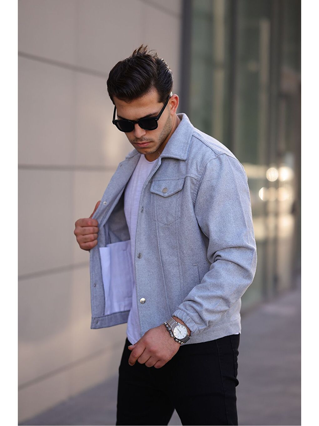 Erkek Oversize Rahat Mevsimlik Gri Kaşe Ceket-1