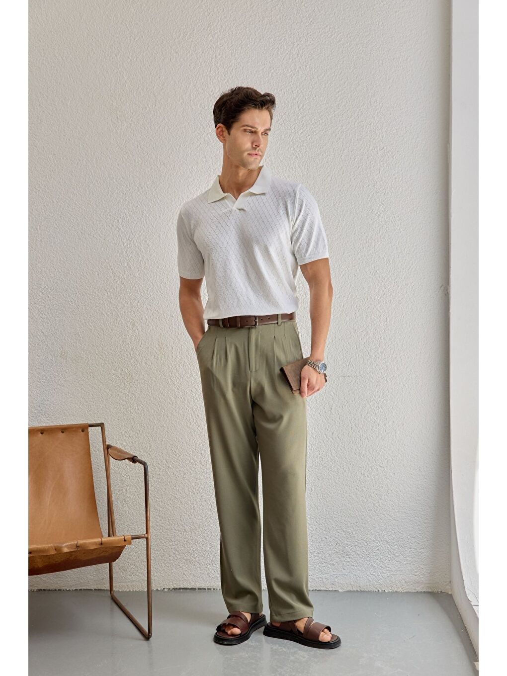 Beyaz Onor Erkek Kendinden Desenli Polo Yaka Triko Tişört Geniş Kalıp Hafif Doku-2