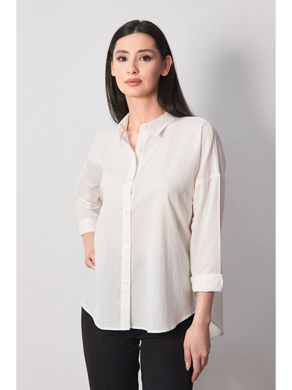 Ekru Basic Arkası Uzun Salaş Gömlek
