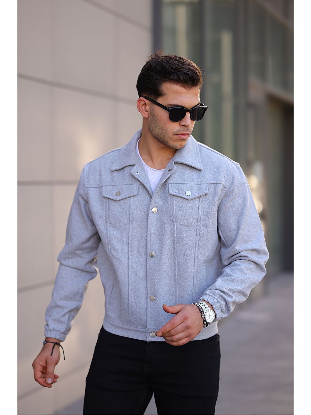 Erkek Oversize Rahat Mevsimlik Gri Kaşe Ceket-2